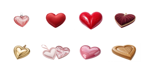 Collection of eight assorted decorative heart shapes including shiny fabric soft candy and textured ornaments on transparent background