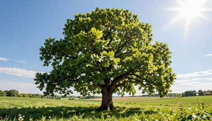 Fototapeta premium Lone Majestic Tree Standing Tall in a Bright Green Field Under a Clear Blue Sky