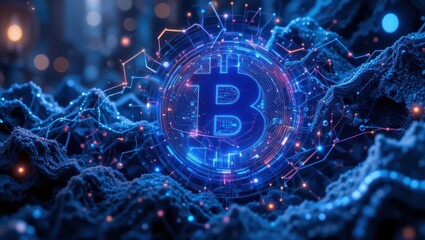 Futuristic Visualization of Bitcoin Amidst an Abstract Digital Landscape with Glowing Connections