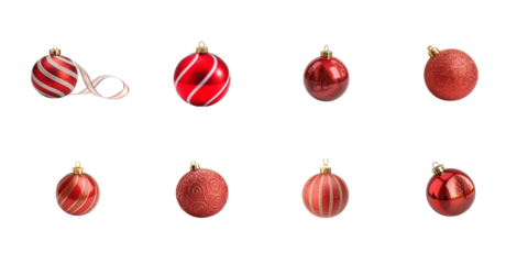 Collection of glittering and glossy red Christmas tree ornaments with varied textures displayed neatly on transparent background