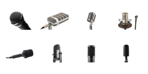 Collection of eight professional audio recording microphones including dynamic condenser and ribbon types on transparent background