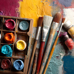 Fototapeta premium Vibrant paint and brushes for creative artwork