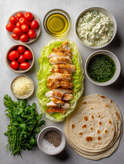 Grilled chicken wrap is surrounded by fresh lettuce, tomatoes, cheese, and dressing on a white plate, highlighting a colorful and appetizing meal presentation