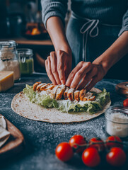 Grilled chicken wrap is surrounded by fresh lettuce, tomatoes, cheese, and dressing on a white plate, highlighting a colorful and appetizing meal presentation