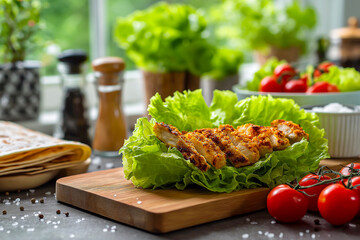 Grilled chicken wrap is surrounded by fresh lettuce, tomatoes, cheese, and dressing on a white plate, highlighting a colorful and appetizing meal presentation