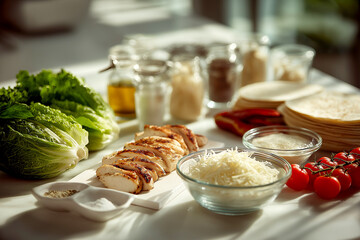 Grilled chicken wrap is surrounded by fresh lettuce, tomatoes, cheese, and dressing on a white plate, highlighting a colorful and appetizing meal presentation