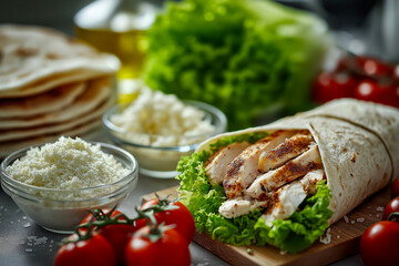 Grilled chicken wrap is surrounded by fresh lettuce, tomatoes, cheese, and dressing on a white plate, highlighting a colorful and appetizing meal presentation