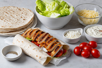 Grilled chicken wrap is surrounded by fresh lettuce, tomatoes, cheese, and dressing on a white plate, highlighting a colorful and appetizing meal presentation