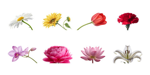 Collection of eight beautiful assorted flower blossoms including daisy sunflower tulip carnation peony orchid and lily on transparent background