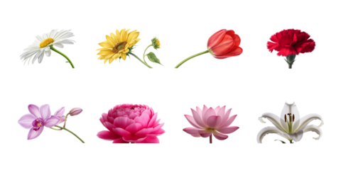 Collection of eight beautiful assorted flower blossoms including daisy sunflower tulip carnation peony orchid and lily on transparent background
