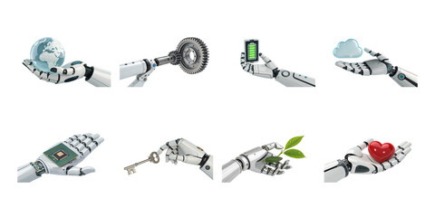 Eight robotic prosthetic arms presenting concepts like global connection technology finance and ecological sustainability on transparent background