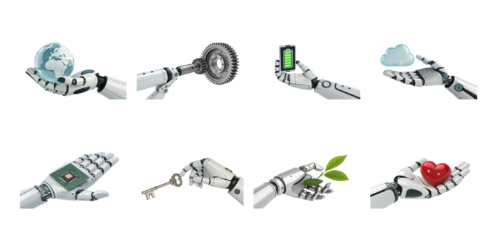 Eight robotic prosthetic arms presenting concepts like global connection technology finance and ecological sustainability on transparent background - Powered by Adobe