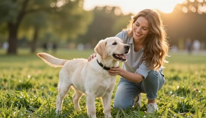 Happy Young Woman Smiling and Playing with Her Golden Retriever Dog in a Park at Sunset