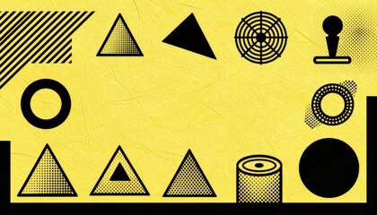 Geometric Abstract Shapes Against Yellow Background with Black Patterns and Designs