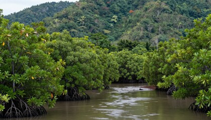 Lush Mangrove Forest Along Tranquil River in Tropical Environment Surrounded by Mountains