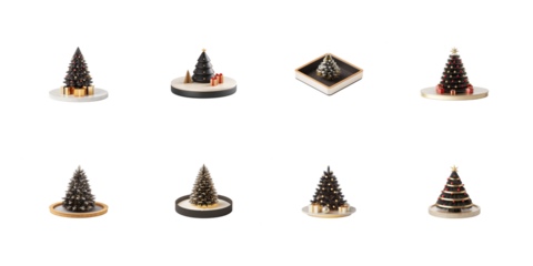 Collection of eight miniature dark holiday trees with festive decorations displayed on stylized white and gold bases on transparent background