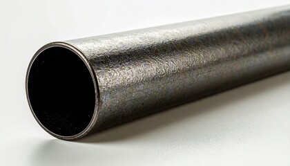 Close-up of a metal pipe with a dark interior on a white surface.