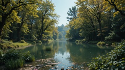 Tranquil River Flowing Through Lush Green Forest Under Bright Sunlight in Summer Morning