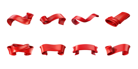 Collection of eight detailed 3d rendered waving glossy red satin ribbons in various scroll and banner shapes on transparent background