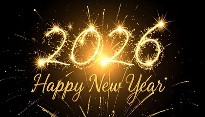 2026 Happy New Year with the number above the text, all formed by brilliant gold light on a deep black background with festive firework bursts and shining dust
