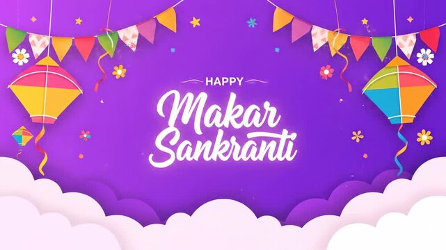 Makar Sankranti Festival Celebration Background Kites Buntings Clouds