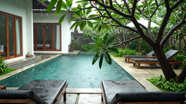 A serene backyard pool area with a tree and lounge chairs on a rainy day outside