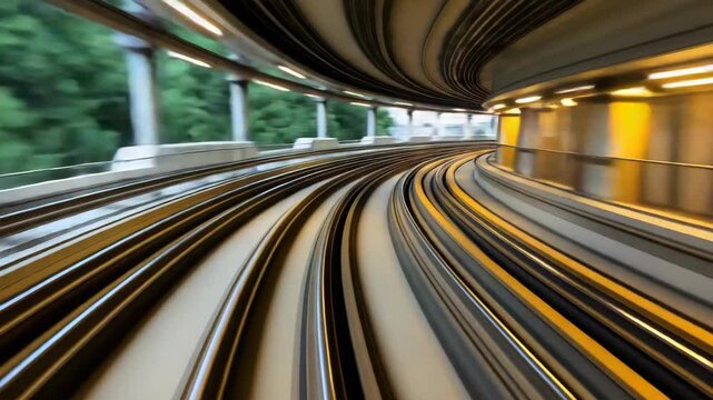 High speed curved railway metro train track with motion blur speed, blurred city greenery