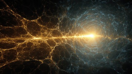 Abstract Galaxy Formation Simulation of Cosmic Web in Golden and Blue Tones with Bright Central Flare on Black Background Generates Visual Depth