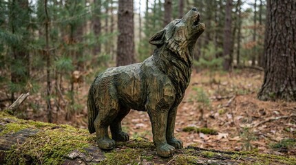 Fototapeta premium Traditional Carved Wolf Statue in Forest Setting