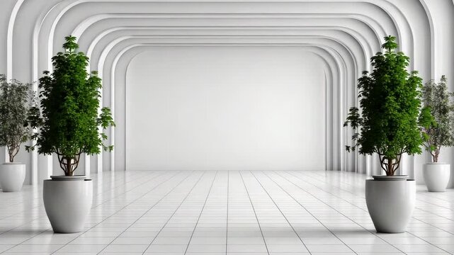 Minimalist white interior with arched alcove rows, tile floor and potted tree indoor plant creating