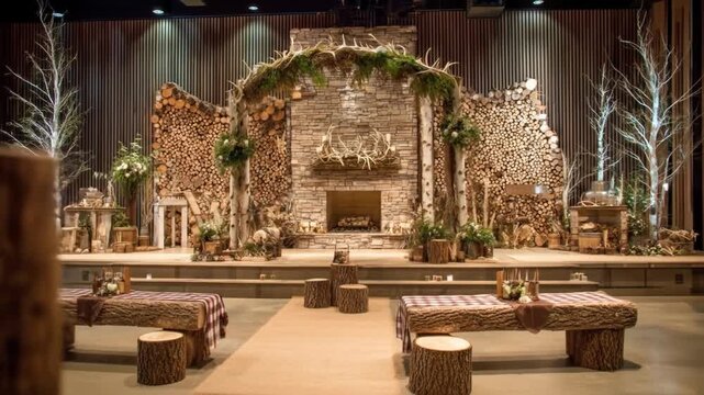 Rustic event setup featuring a stage adorned with wood, greenery, antlers, & birch trees. Log furniture is in focus