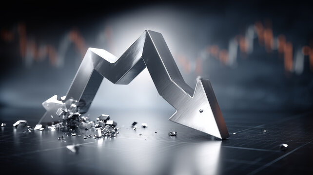 A metallic downward arrow broken at the base representing financial decline economic crisis market loss and negative performance.
