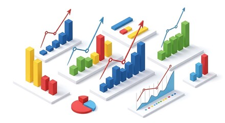 Collection of isometric bar and line graphs showing financial growth and data analysis, isolated on white background