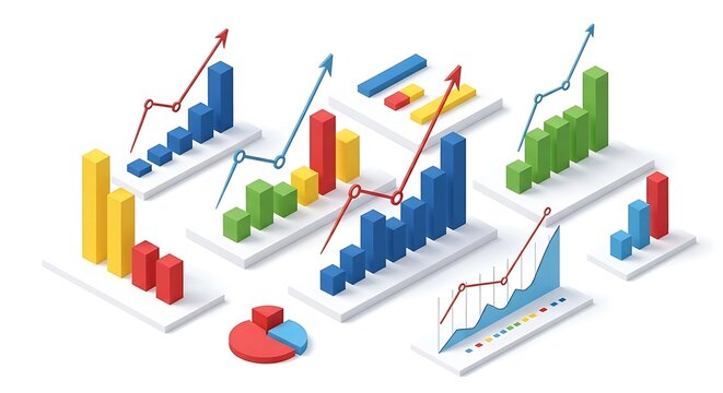 Collection of isometric bar and line graphs showing financial growth and data analysis, isolated on white background - Powered by Adobe