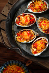 Steamed Korean Abalone with Garlic and Pesto on Cast Iron Pan