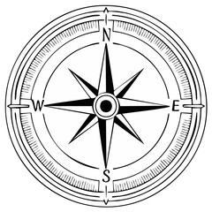 Circular compass illustration pointing North South East and West in a simple black and white design navigational tool for direction and geographic orientation