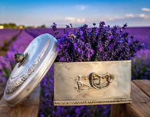 Silver container overflowing with vibrant lavender, field in the background