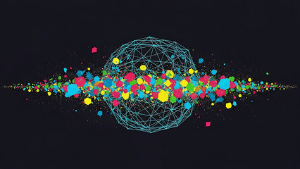 abstract data visualization featuring vibrant geometric shapes and particles from a network symbolizing digital connection.