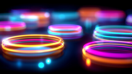 A collection of colorful luminous rings representing energy cycles, digital creativity, and dynamic conceptual interaction.
