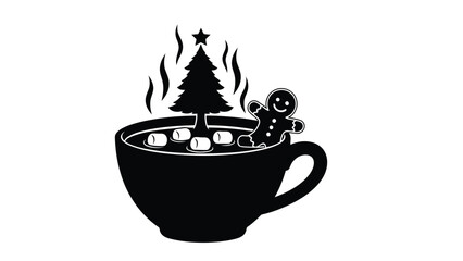 Christmas Hot Cocoa Cup Silhouette with Gingerbread Man and Pine Tree Icon