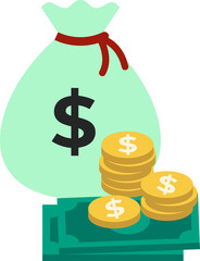 Flat Illustration of a Money Bag with Gold Coins and Banknotes