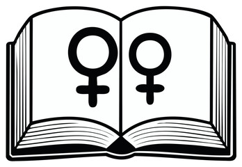 Feminism concept open book featuring a female gender symbol for women's rights