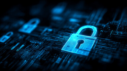 Multiple digital padlocks over a network surface representing cybersecurity data protection secure infrastructure and advanced privacy systems.

