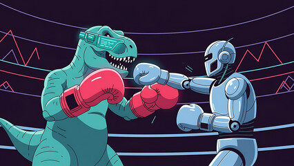 ai vs traditional business boxing match in a futuristic ring with market data graphs symbolizes strategic challenges and financial struggle