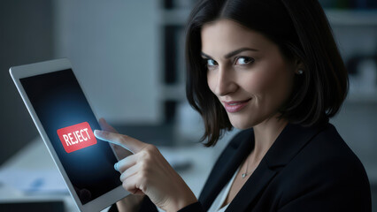 Businesswoman Showing Rejected Notification on Digital Tablet Screen