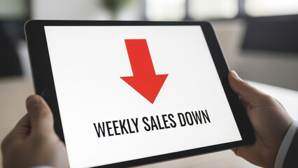 Businessman Holding Tablet Showing Weekly Sales Down with Red Arrow