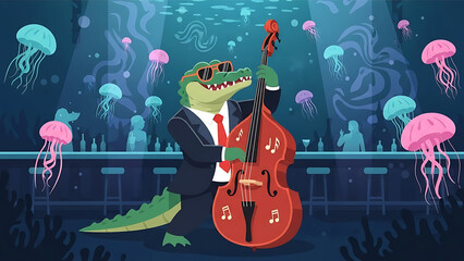 alligator musician playing upright bass in an atmospheric underwater jazz club surrounded by colorful jellyfish for unique entertainment concept