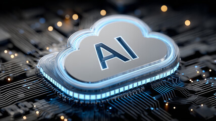 An AI cloud icon resting on circuit lines to illustrate cloud computing intelligence data management and digital integration.
