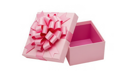 Open pink gift box with ribbon bow  isolated on transparent background
