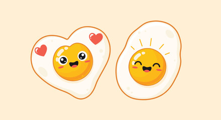 Two cute fried egg characters with smiling faces one shaped like a heart with small heart accents representing a fun and healthy breakfast pair.